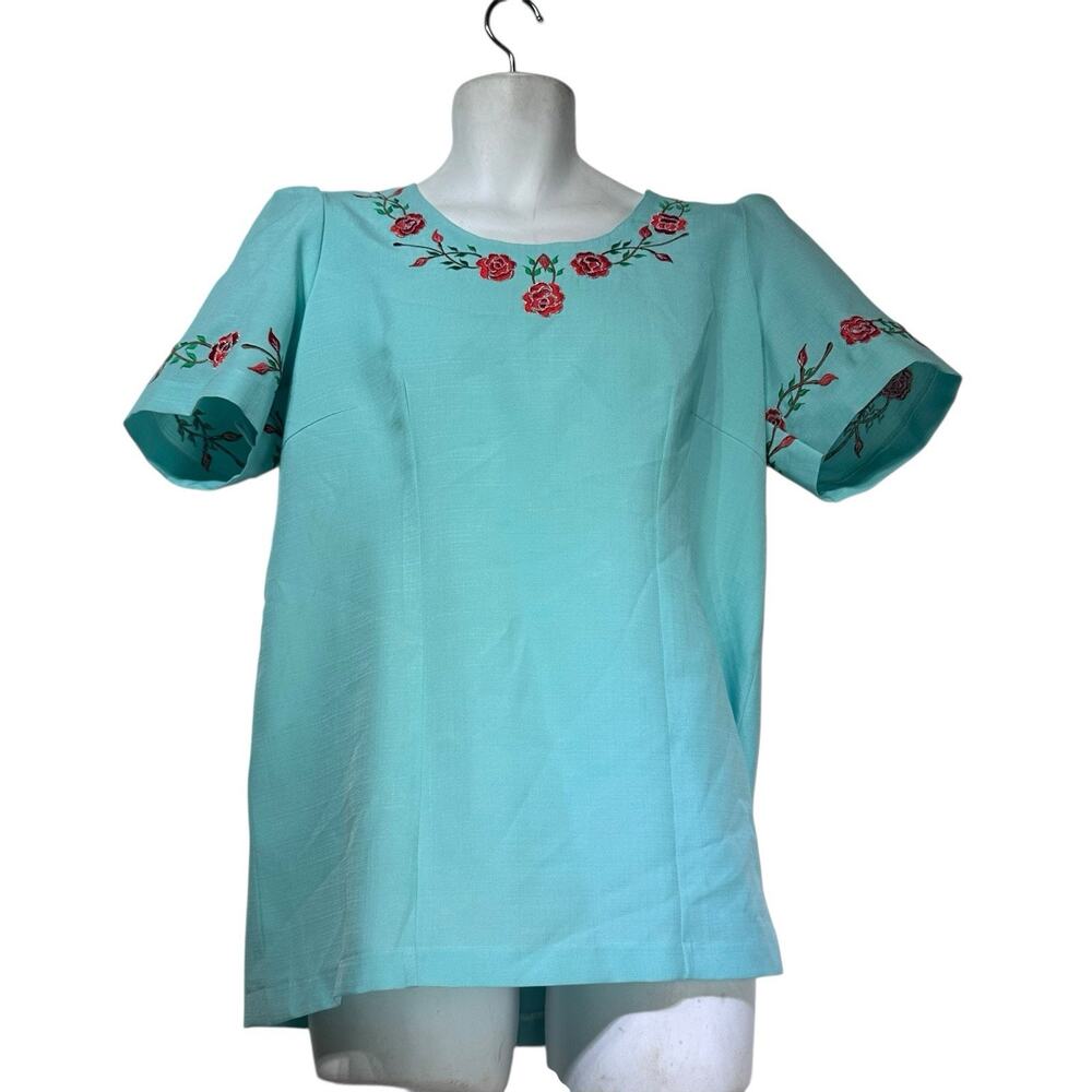 Aqua Embroidered Rose Two Piece Skirt Set Cottagecore Vintage Look